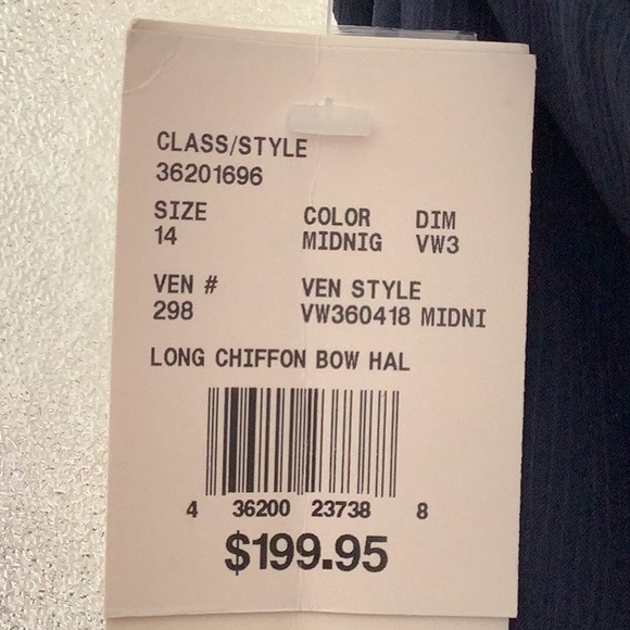 David’s Bridal V-neck halter gown, size 14, NWT, midnight blue, long chiffon bow - Picture 5 of 5